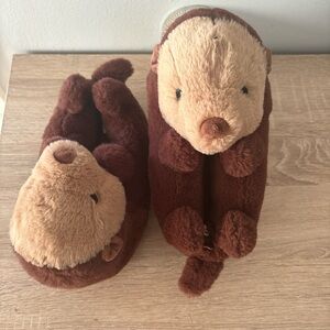 Brown and Tan Plush Otter Slippers